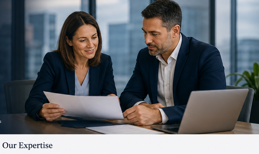 Two finance professionals reviewing documents at a desk
